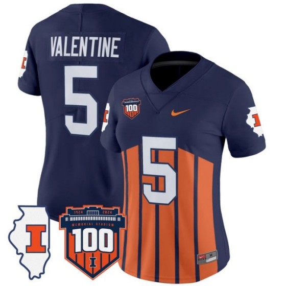 Women's Illinois Fighting Illini #5 Ca'Lil Valentine Throwback 100th Memorial Stadium Patch Vapor Limited Stitched Football Jersey