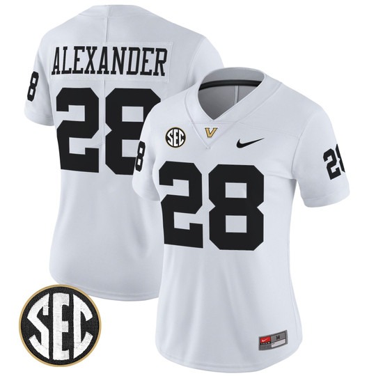 Women's Vanderbilt Commodores #28 Sedrick Alexander White 2025 Vapor Limited Stitched Football Jersey