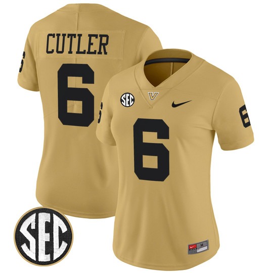 Women's Vanderbilt Commodores #6 Jay Cutler Gold 2025 Vapor Limited Stitched Football Jersey