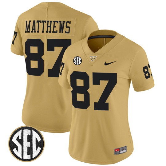Women's Vanderbilt Commodores #87 Jordan Matthews Gold 2025 Vapor Limited Stitched Football Jersey