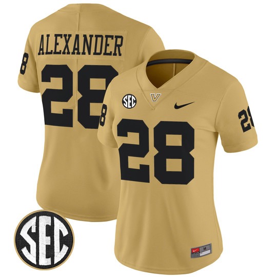 Women's Vanderbilt Commodores #28 Sedrick Alexander Gold 2025 Vapor Limited Stitched Football Jersey