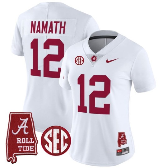 Women's Alabama Crimson Tide #12 Joe Namath White 2025 With AL State Map Patch Vapor Limited Stitched Football Jersey