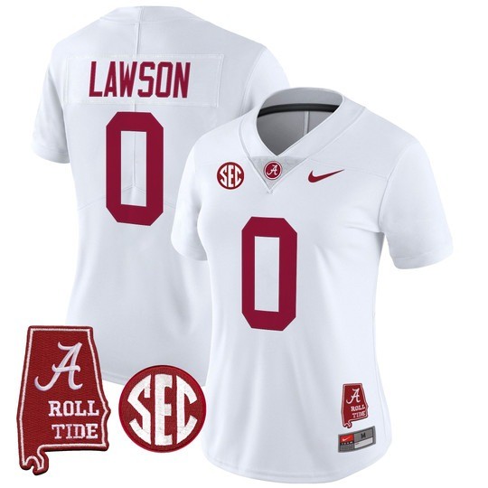 Women's Alabama Crimson Tide #0 Deontae Lawson White 2025 With AL State Map Patch Vapor Limited Stitched Football Jersey