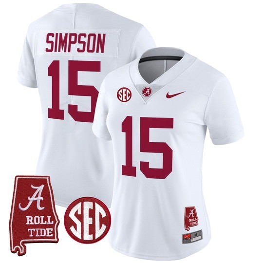 Women's Alabama Crimson Tide #15 Ty Simpson White 2025 With AL State Map Patch Vapor Limited Stitched Football Jersey