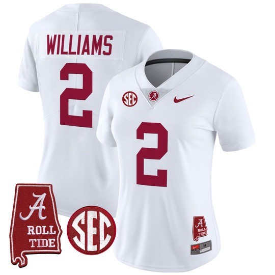 Women's Alabama Crimson Tide #2 Ryan Williams White 2025 With AL State Map Patch Vapor Limited Stitched Football Jersey