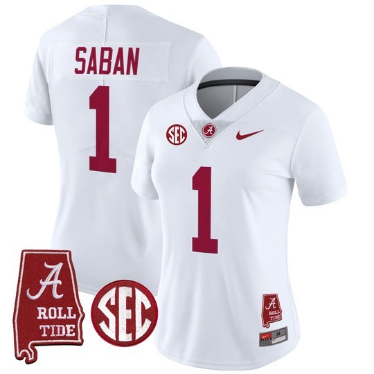 Women's Alabama Crimson Tide #1 Nick Saban White 2025 With AL State Map Patch Vapor Limited Stitched Football Jersey