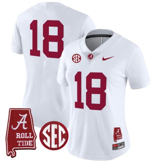 Women's Alabama Crimson Tide #18 White 2025 With AL State Map Patch Vapor Limited Stitched Football Jersey