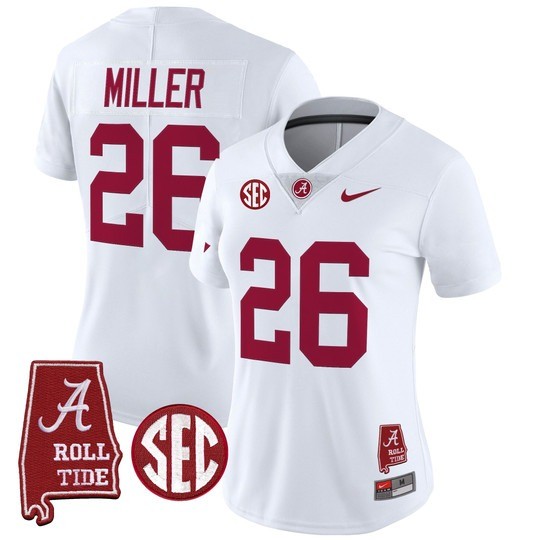Women's Alabama Crimson Tide #26 Jam Miller White 2025 With AL State Map Patch Vapor Limited Stitched Football Jersey