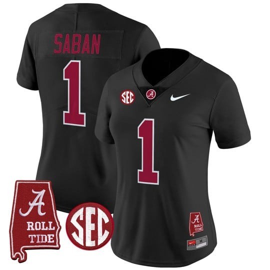 Women's Alabama Crimson Tide #1 Nick Saban Black 2025 With AL State Map Patch Vapor Limited Stitched Football Jersey