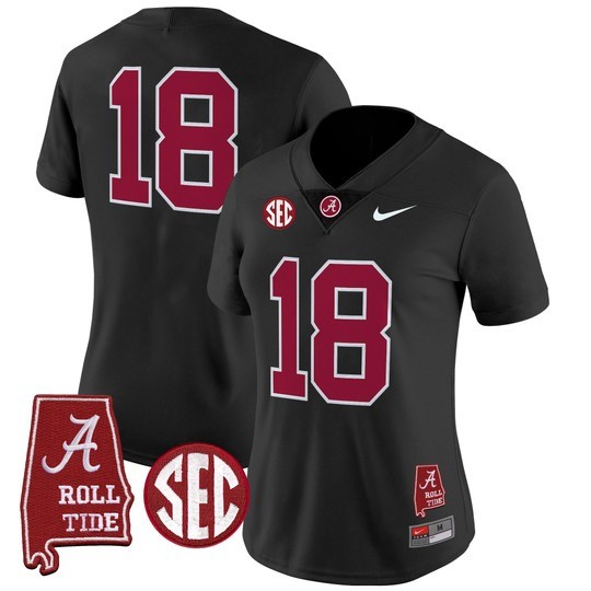 Women's Alabama Crimson Tide #18 Black 2025 With AL State Map Patch Vapor Limited Stitched Football Jersey