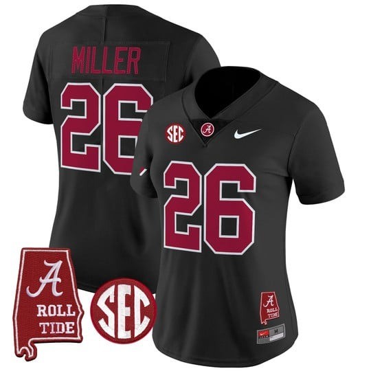 Women's Alabama Crimson Tide #26 Jam Miller Black 2025 With AL State Map Patch Vapor Limited Stitched Football Jersey
