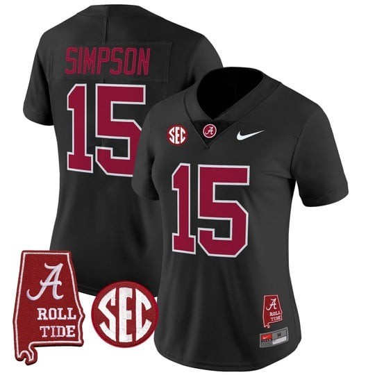 Women's Alabama Crimson Tide #15 Ty Simpson Black 2025 With AL State Map Patch Vapor Limited Stitched Football Jersey
