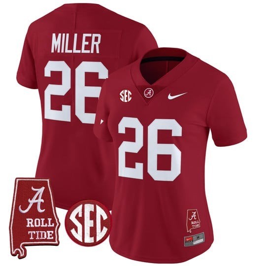 Women's Alabama Crimson Tide #26 Jam Miller Crimson 2025 With AL State Map Patch Vapor Limited Stitched Football Jersey