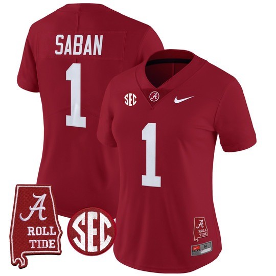 Women's Alabama Crimson Tide #1 Nick Saban Crimson 2025 With AL State Map Patch Vapor Limited Stitched Football Jersey