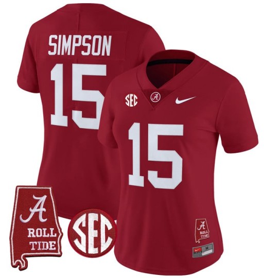 Women's Alabama Crimson Tide #15 Ty Simpson Crimson 2025 With AL State Map Patch Vapor Limited Stitched Football Jersey