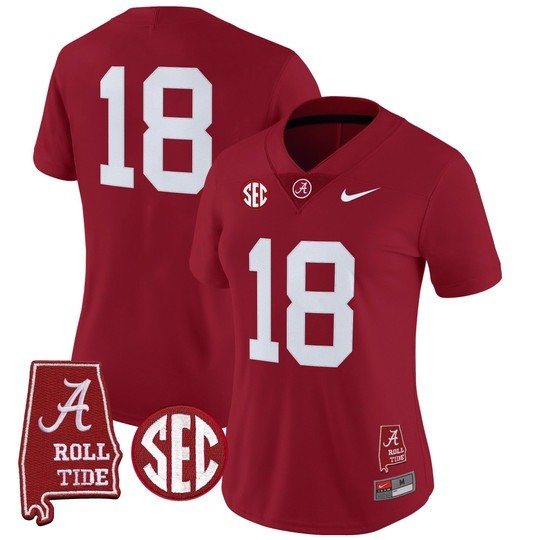 Women's Alabama Crimson Tide #18 Crimson 2025 With AL State Map Patch Vapor Limited Stitched Football Jersey