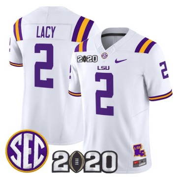 Men's LSU Tigers #2 Kyren Lacy White F.U.S.E. 2020 National Champions & LA State Map Patch Nike Vapor Limited Jersey