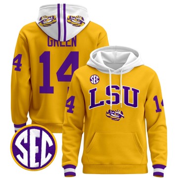 Men's LSU Tigers #14 Trey'Dez Green Gold 2025 Premium Pullover Stitched Hoodie
