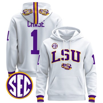 Men's LSU Tigers #1 Ja'Marr Chase White 2025 Premium Pullover Stitched Hoodie
