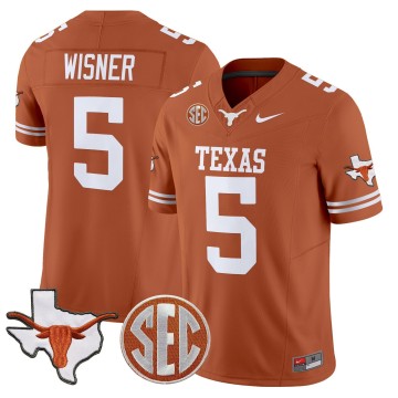 Men's Texas Longhorns #5 Quintrevion Wisner Orange 2025 F.U.S.E. State Map & SEC Patch Vapor Limited Stitched Football Jersey