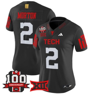 Women's Texas Tech Red Raiders #2 Behren Morton Black 100th Anniversary Patch 2025 Vapor Limited Stitched Football Jersey