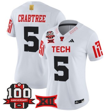 Women's Texas Tech Red Raiders #5 Michael Crabtree White 100th Anniversary Patch 2025 Vapor Limited Stitched Football Jersey