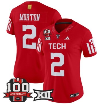Women's Texas Tech Red Raiders #2 Behren Morton Red 100th Anniversary Patch 2025 Vapor Limited Stitched Football Jersey