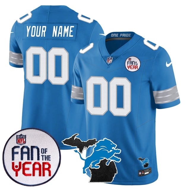 Detroit Lions Custom Blue Fan Of The Year & State Map Patch Vapor Stitched NFL Nike Limited Jersey