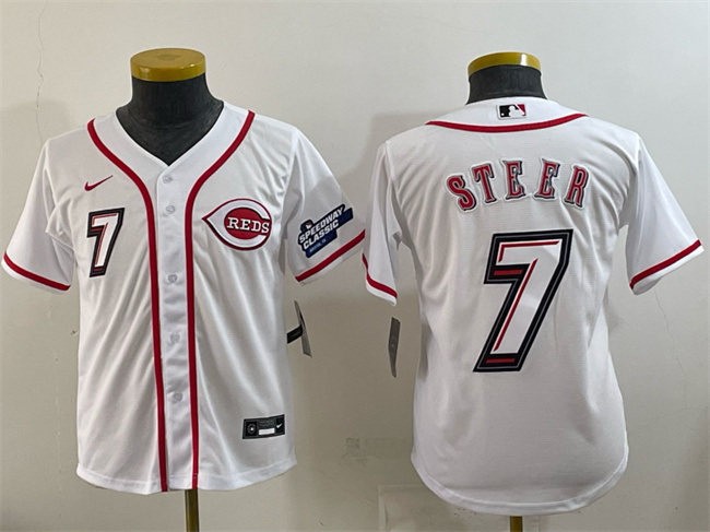 Youth Cincinnati Reds #7 Spencer Steer White 2025 Speedway Classic Stitched Baseball Jersey