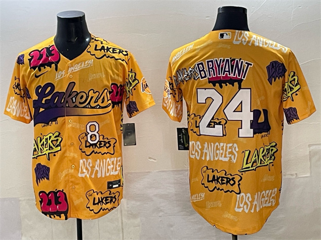 Men's Los Angeles Lakers Front #8 Back #24 Kobe Bryant Yellow Limited Stitched Baseball Jersey