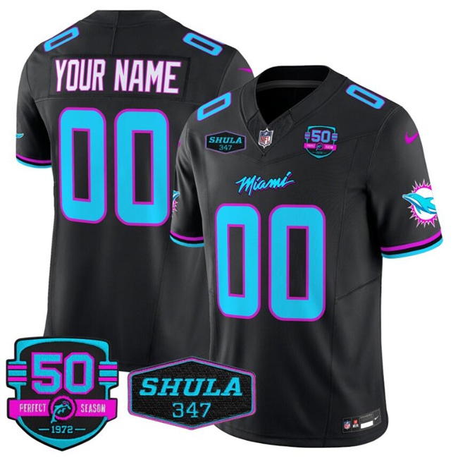 Men's Miami Dolphins Active Player Custom Black F.U.S.E. 'Miami Vice' With 347 Shula Patch And 50th Perfect Season Patch Vapor Limited Stitched Football Jersey