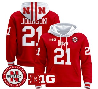 Men's Nebraska Cornhuskers #21 Emmett Johnson Scarlet 2025 Premium Pullover Hoodie - All Stitched