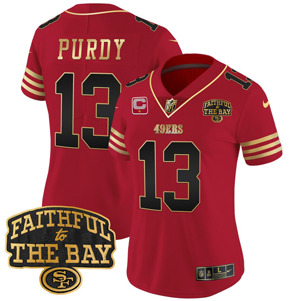 Women's San Francisco 49ers #13 Brock Purdy Red 2025 1-Star C With Faithful To The Bay Patch Limited V8 Stitched Football Jersey