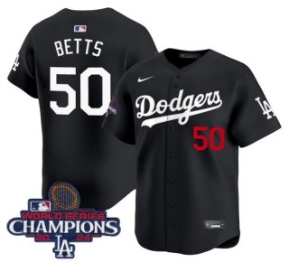 Men's Los Angeles Dodgers #50 Mookie Betts Black 2024 WSC Patch Nike Limited Stitched MLB Jersey