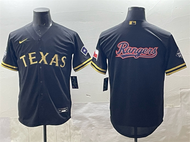 Men's Texas Rangers Team Big Logo Black Gold Cool Base Stitched MLB Jersey