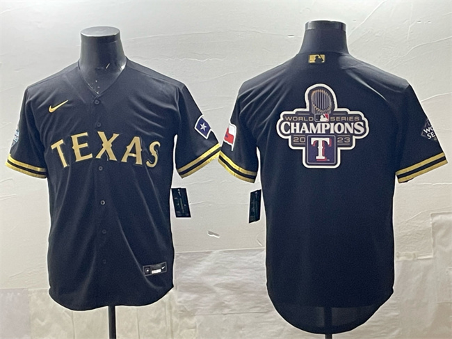 Men's Texas Rangers Team Big Logo Black Gold Cool Base Stitched Baseball Jerseys
