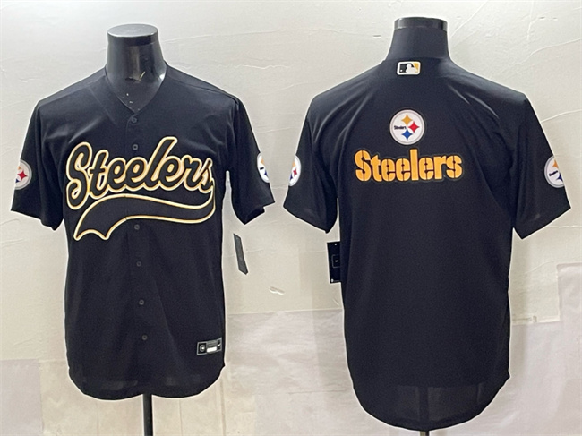 Men's Pittsburgh Steelers Team Big Logo Black Cool Base Stitched Baseball Jersey