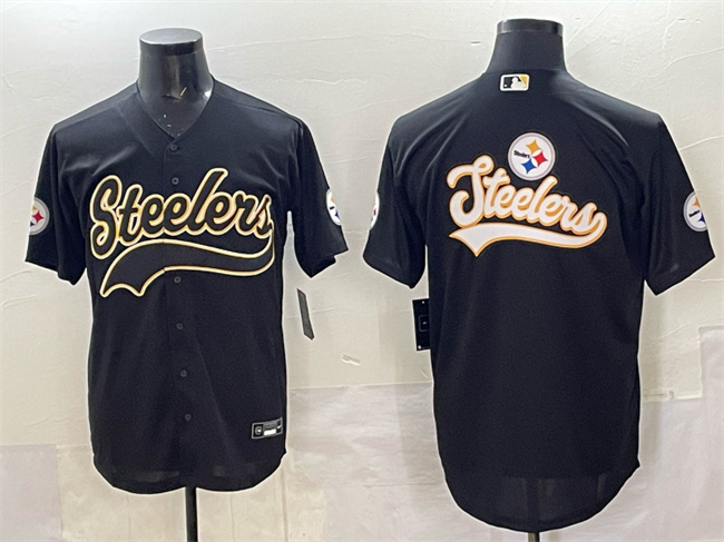 Men's Pittsburgh Steelers Team Big Logo Black Cool Base Stitched Baseball Jerseys