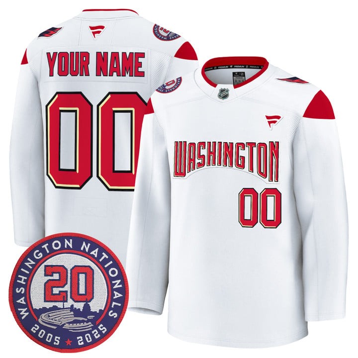 Men's Washington Capitals Custom White 20th Anniversary Seasons Patch Premium Stitched Jersey
