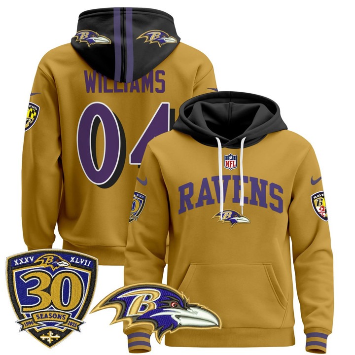 Men's Baltimore Ravens #04 Marcus Williams Gold 30th Anniversary Patch Stitched Pullover Hoodie