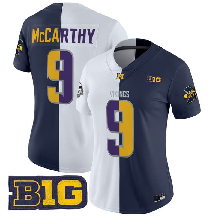Women's Minnesota Vikings #9 J.J. McCarthy Split Michigan Wolverines Vapor Limited Stitched Jerseys