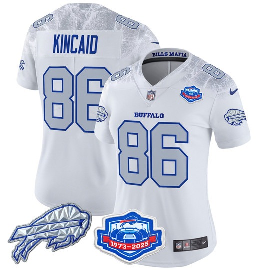 Women's Buffalo Bills #86 Dalton Kincaid White Rivalries Farewell Season Patch 2025 Limited Stitched Jersey