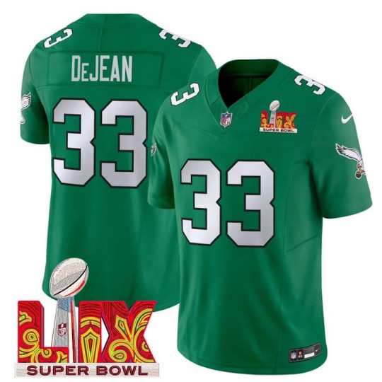 Women's Eagles #33 Cooper DeJean Kelly Green 2025 Super Bowl LIX Patch F.U.S.E. Vapor Limited Stitched Football Jersey