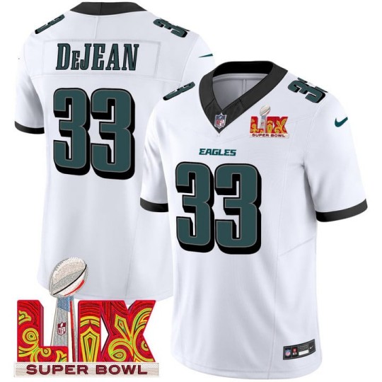 Women's Eagles #33 Cooper DeJean White 2025 Super Bowl LIX Patch F.U.S.E. Vapor Limited Stitched Jersey