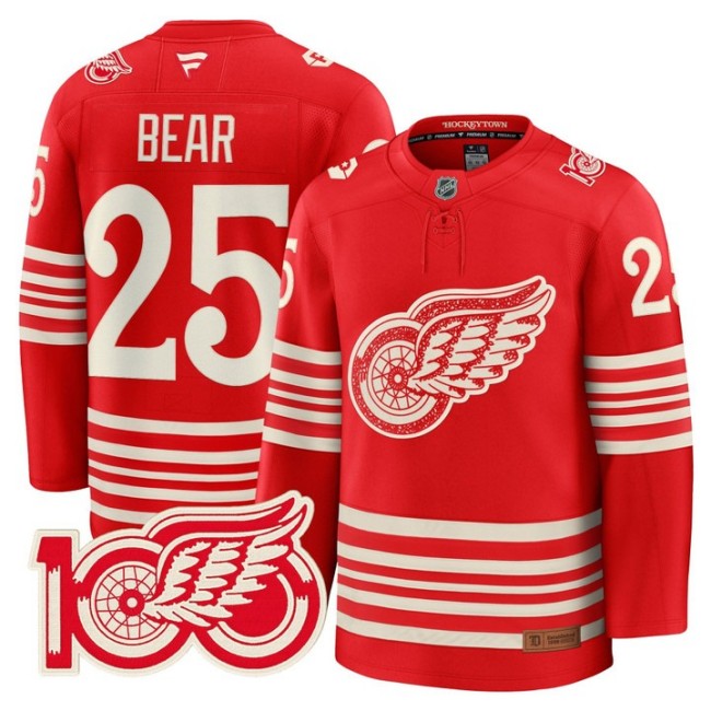 Men's Detroit Red Wings #25 Carter Bear Red 2025 Centennial Premium With 100 Patch Stitched Hockey Jersey