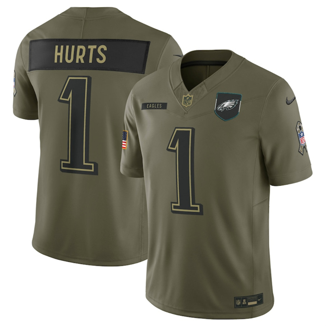 Men's Philadelphia Eagles #1 Jalen Hurts Olive 2025 Salute to Service Limited Stitched Football Jersey