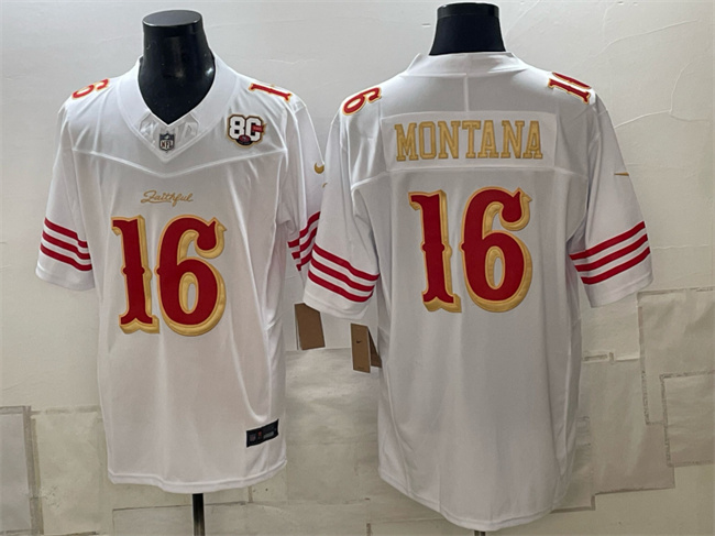 Men's San Francisco 49ers #16 Joe Montana White Gold 80th Anniversary Patch “Rivalries” 2026 F.U.S.E. Vapor Untouchabl Limited Stitched Football Jersey