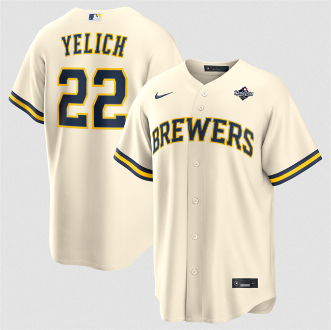 Men's Milwaukee Brewers #22 Christian Yelich Cream 2026 World Series Cool Base Stitched Baseball Jersey