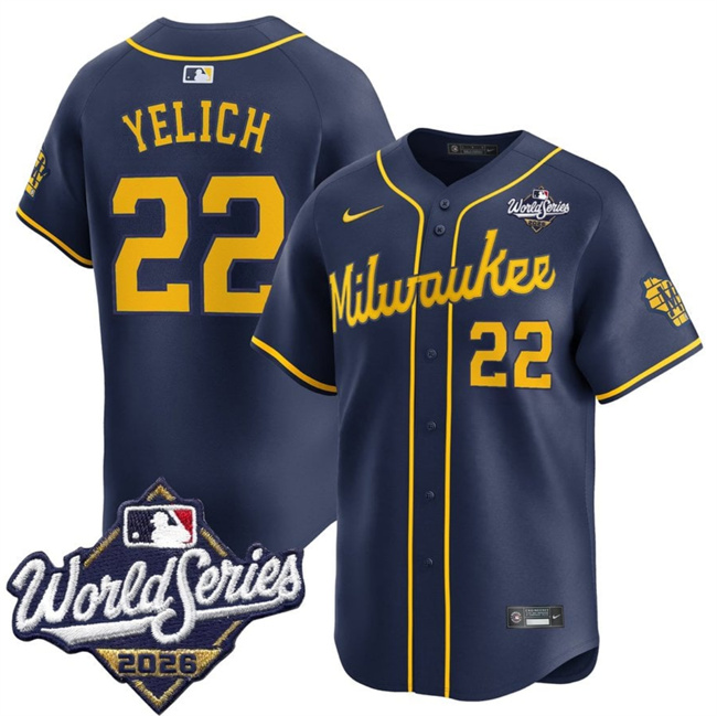 Men's Milwaukee Brewers #22 Christian Yelich Navy 2026 World Series Alternate Limited Stitched Baseball Jersey