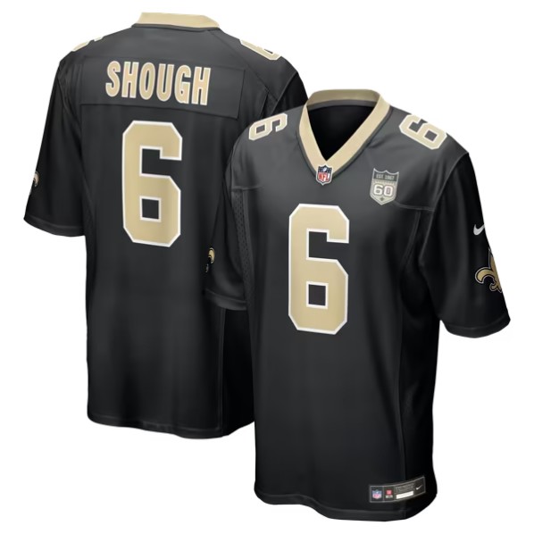 Men's New Orleans Saints #6 Tyler Shough Black Team 60th Season Patch Stitched Game Jersey